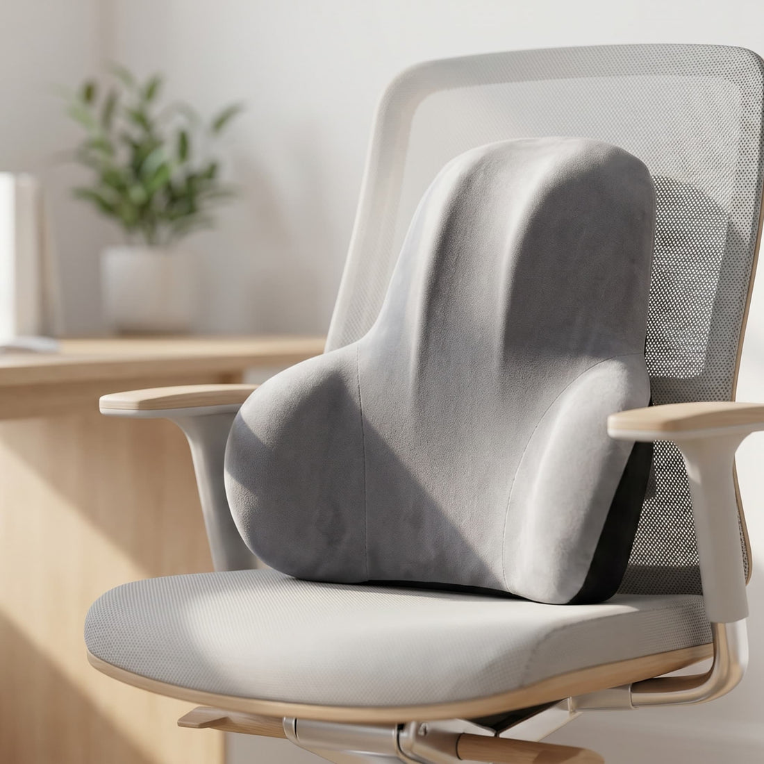 Coussin lombaire ergonomique gris placé sur une chaise de bureau moderne